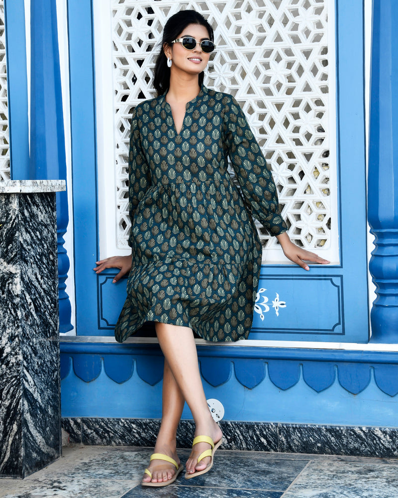 Green Puff Sleeves Short Dress