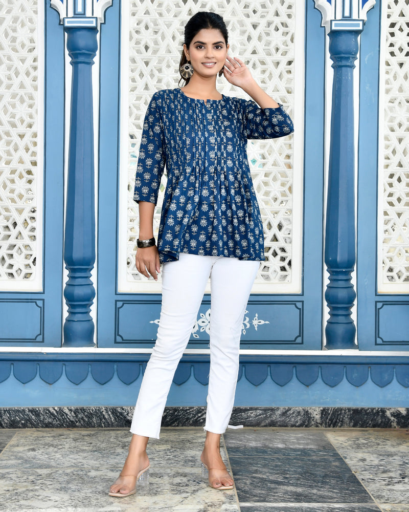 Indigo Pleated Top