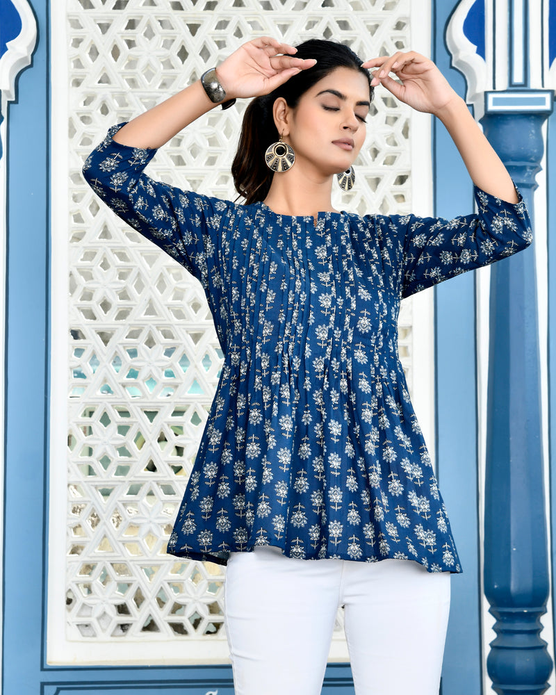 Indigo Pleated Top