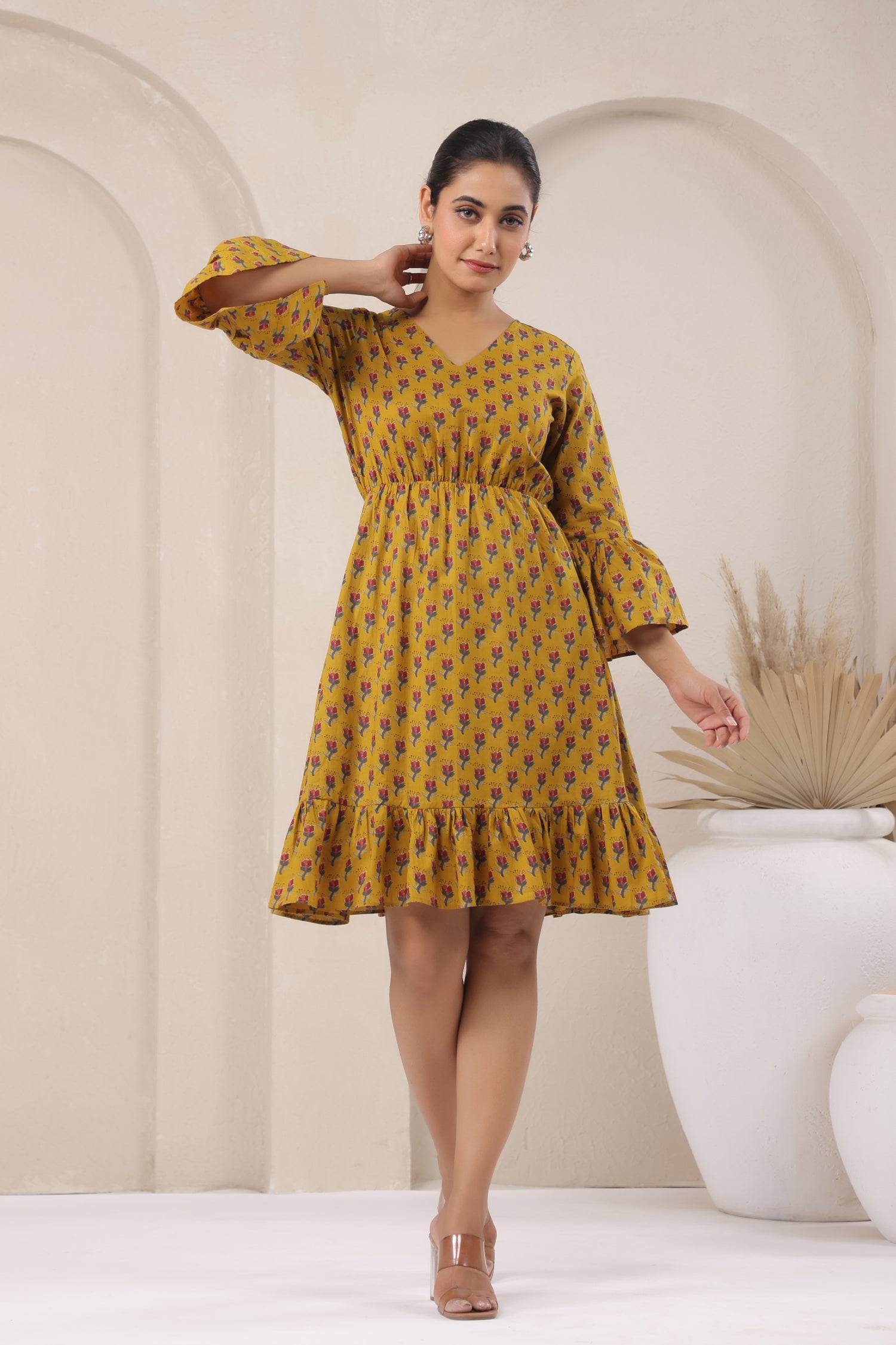 Mustard Flare Sleeve Dress
