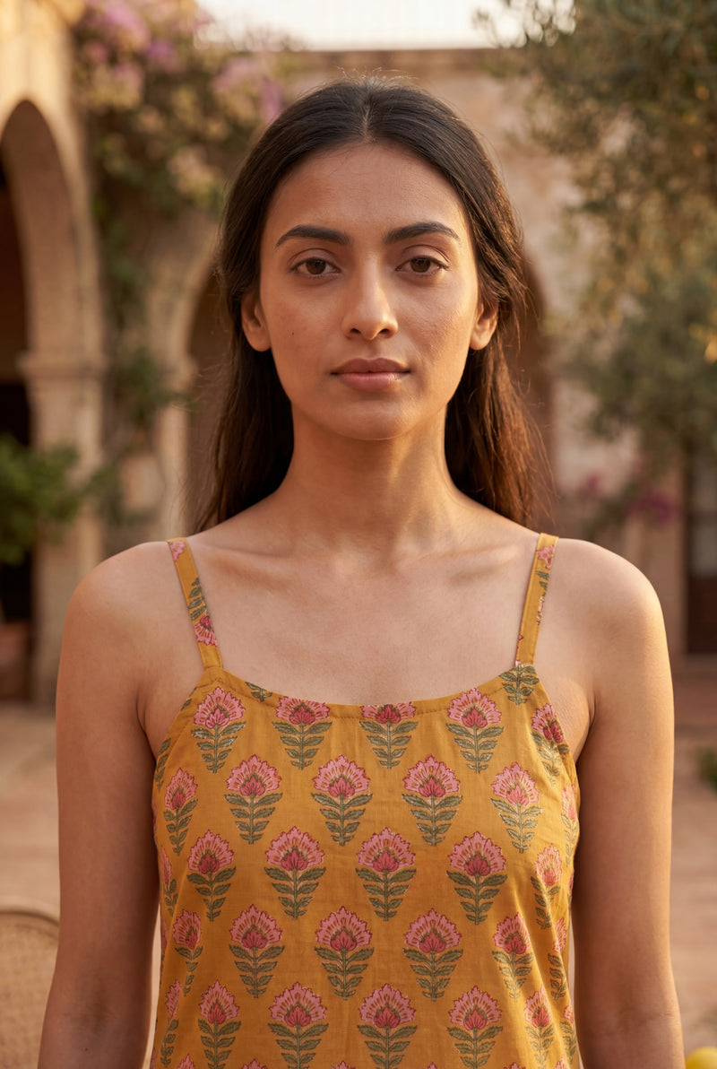 Mustard Print HandBlock Dress
