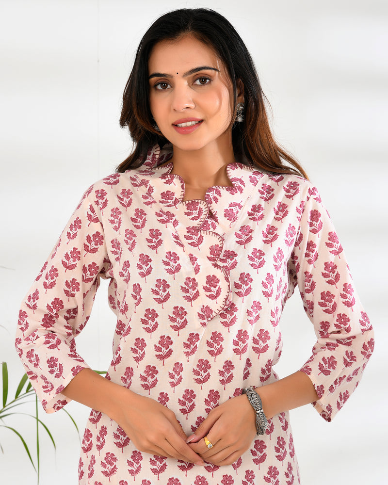 Hand block printed sculpted neckline