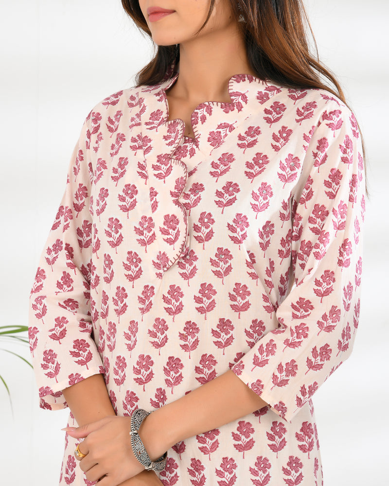 Hand block printed sculpted neckline