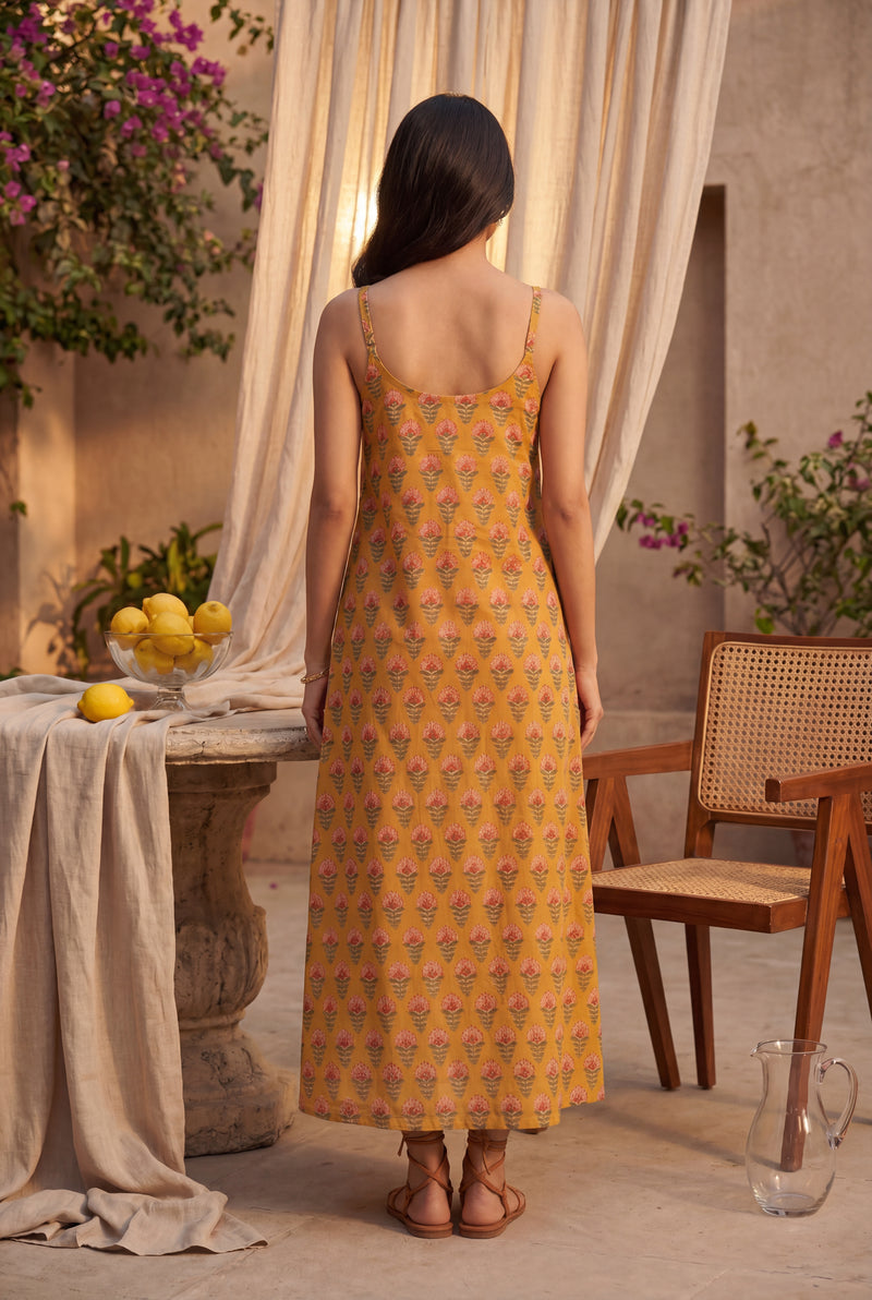 Mustard Print HandBlock Dress