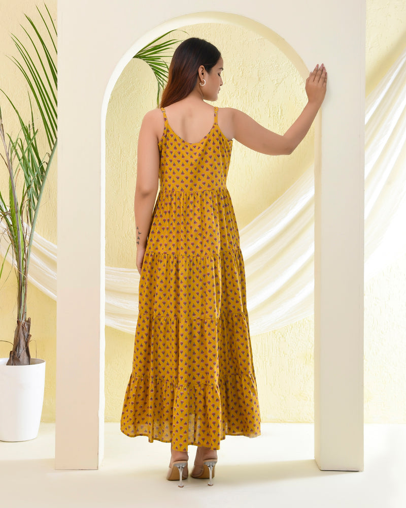 Mustard Yellow Buti Printed Sleeveless Dress