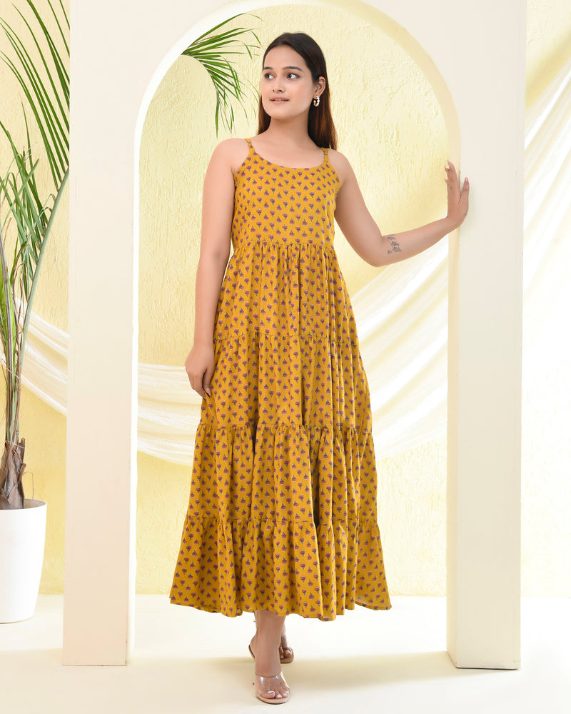 Mustard Yellow Buti Printed Sleeveless Dress