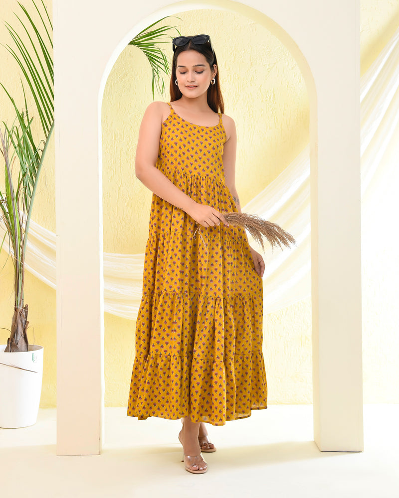 Mustard Yellow Buti Printed Sleeveless Dress