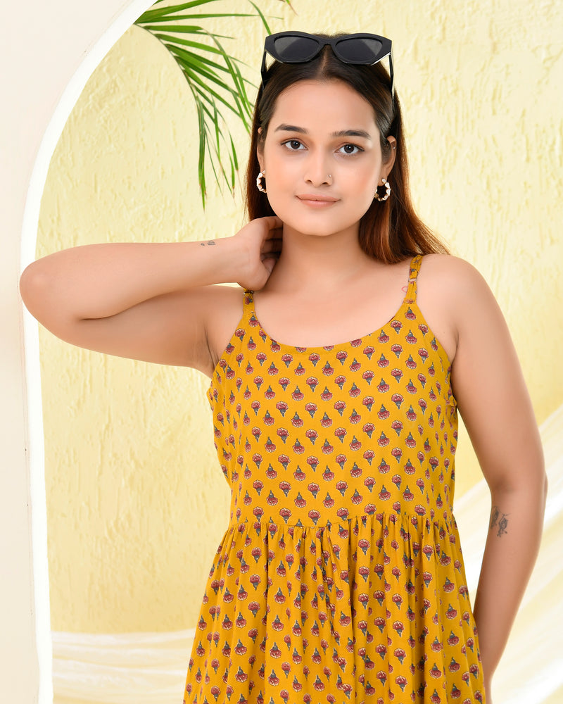 Mustard Yellow Buti Printed Sleeveless Dress