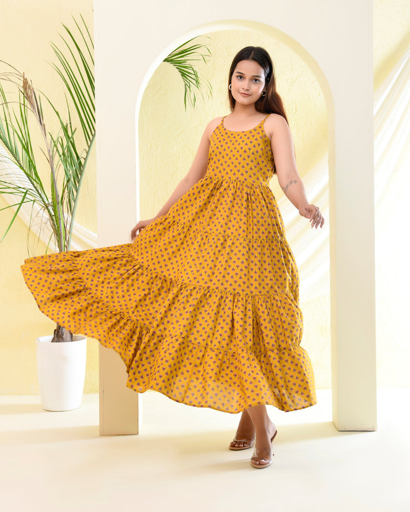 Mustard Yellow Buti Printed Sleeveless Dress