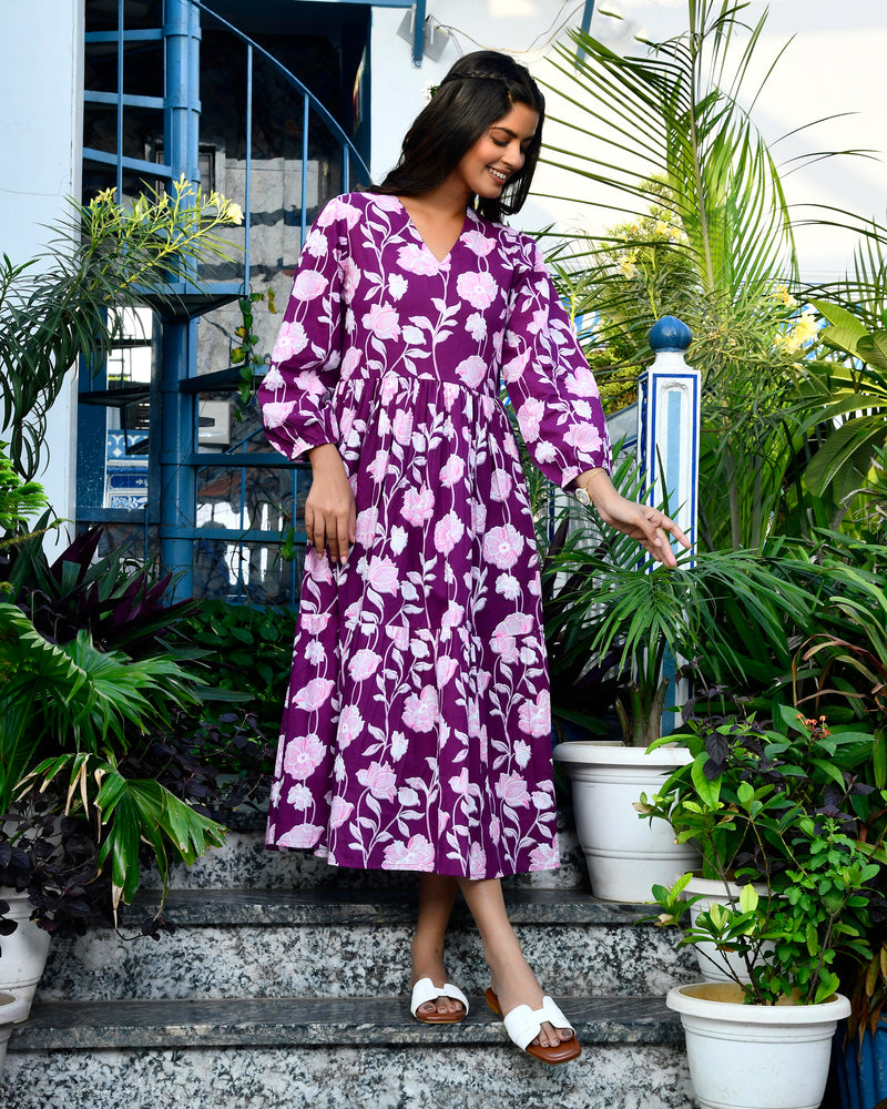 Purple Flowy Printed Long Dress