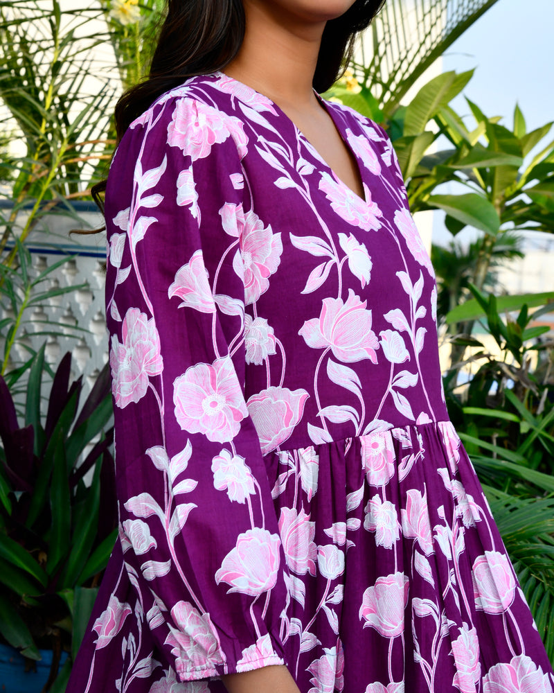 Purple Flowy Printed Long Dress