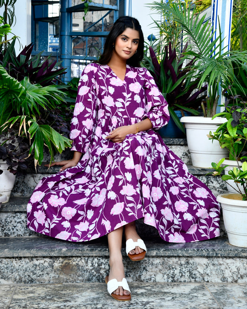 Purple Flowy Printed Long Dress