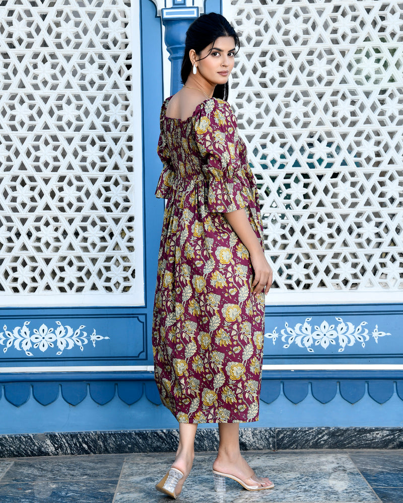 Maroon Smock Short Sleeves Dress