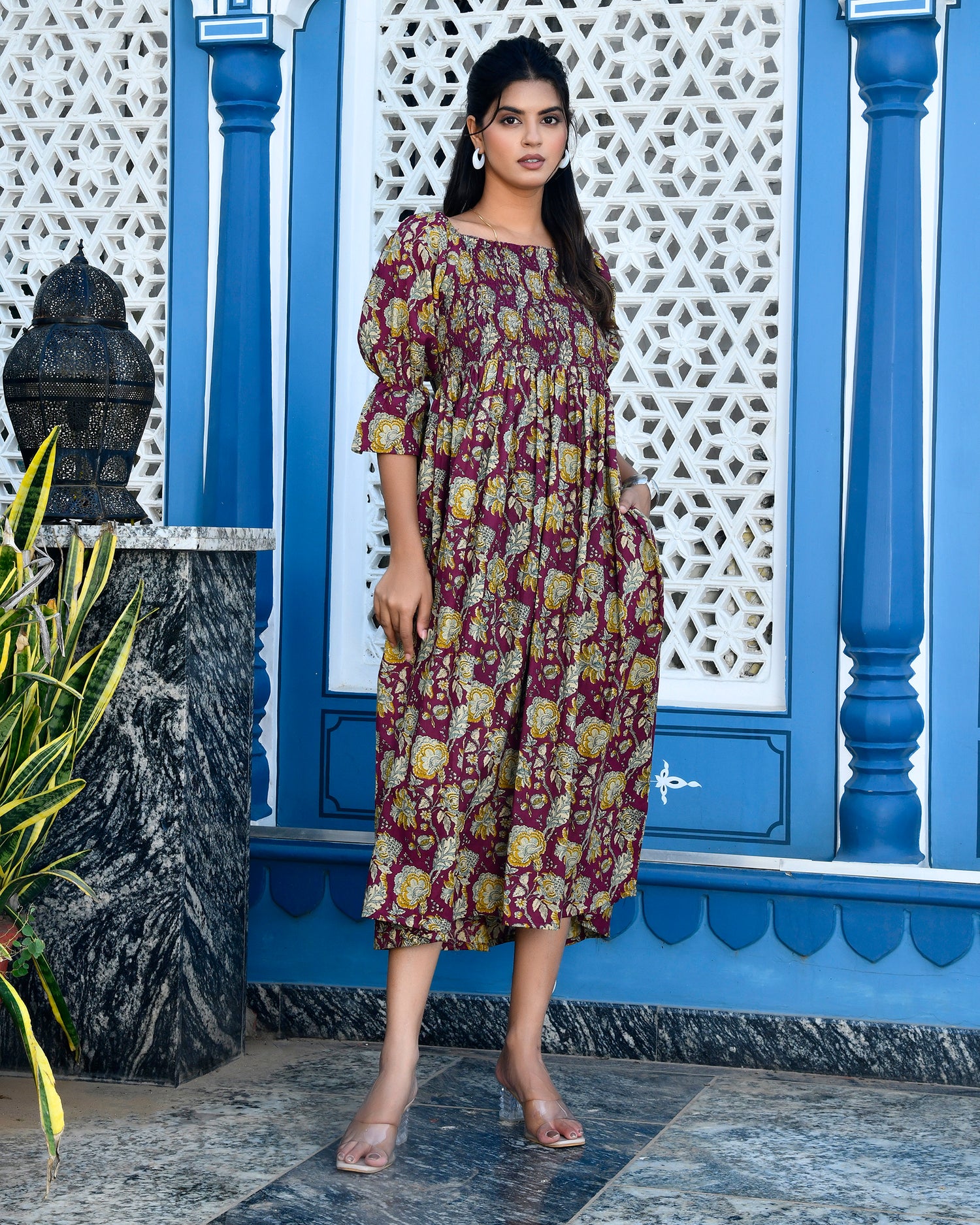 Maroon Smock Short Sleeves Dress