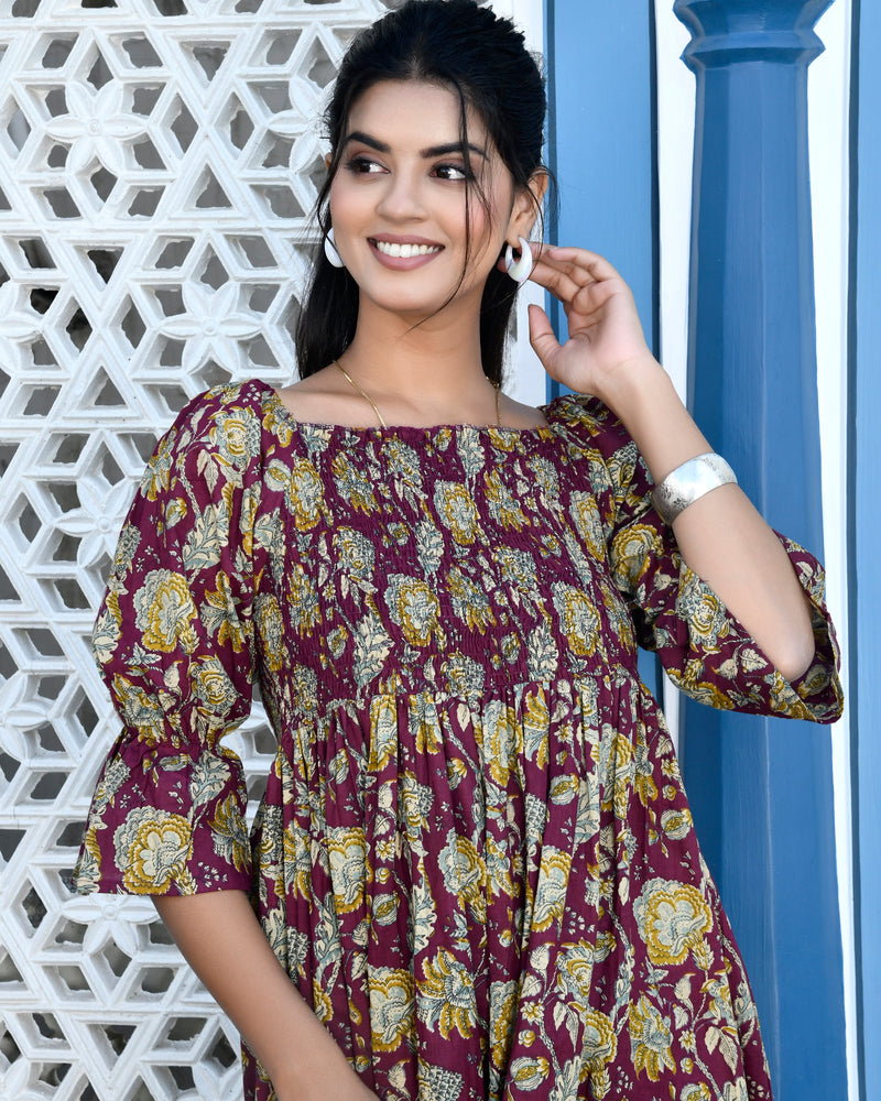 Maroon Smock Short Sleeves Dress