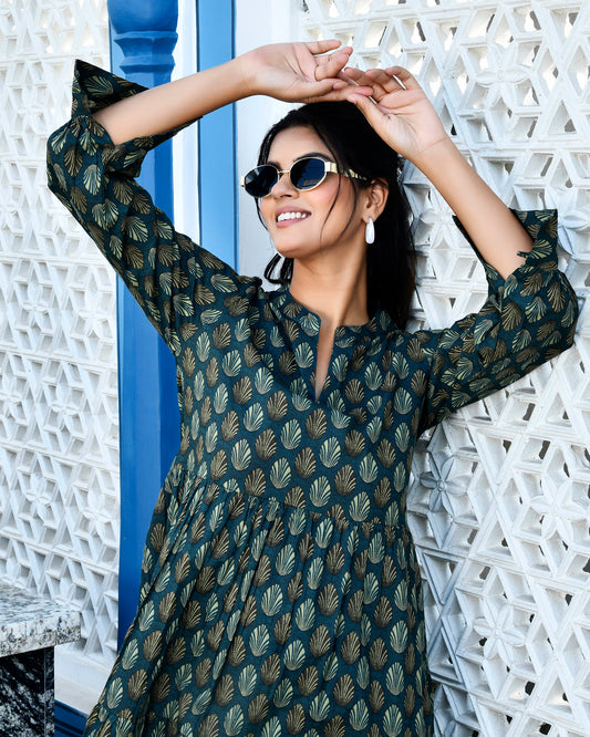 Green Puff Sleeves Short Dress