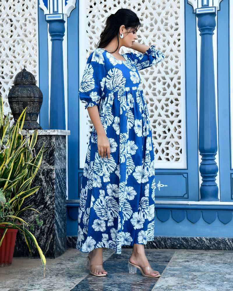 Blue Square Neck Line Long Dress