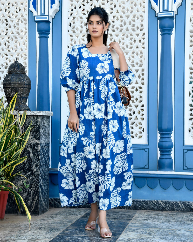 Blue Square Neck Line Long Dress