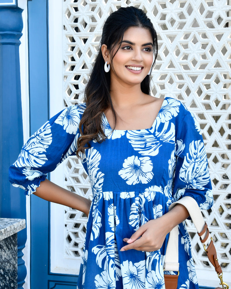 Blue Square Neck Line Long Dress