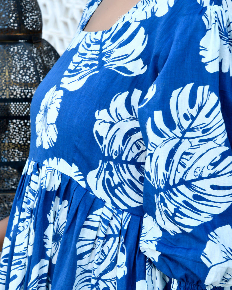 Blue Square Neck Line Long Dress