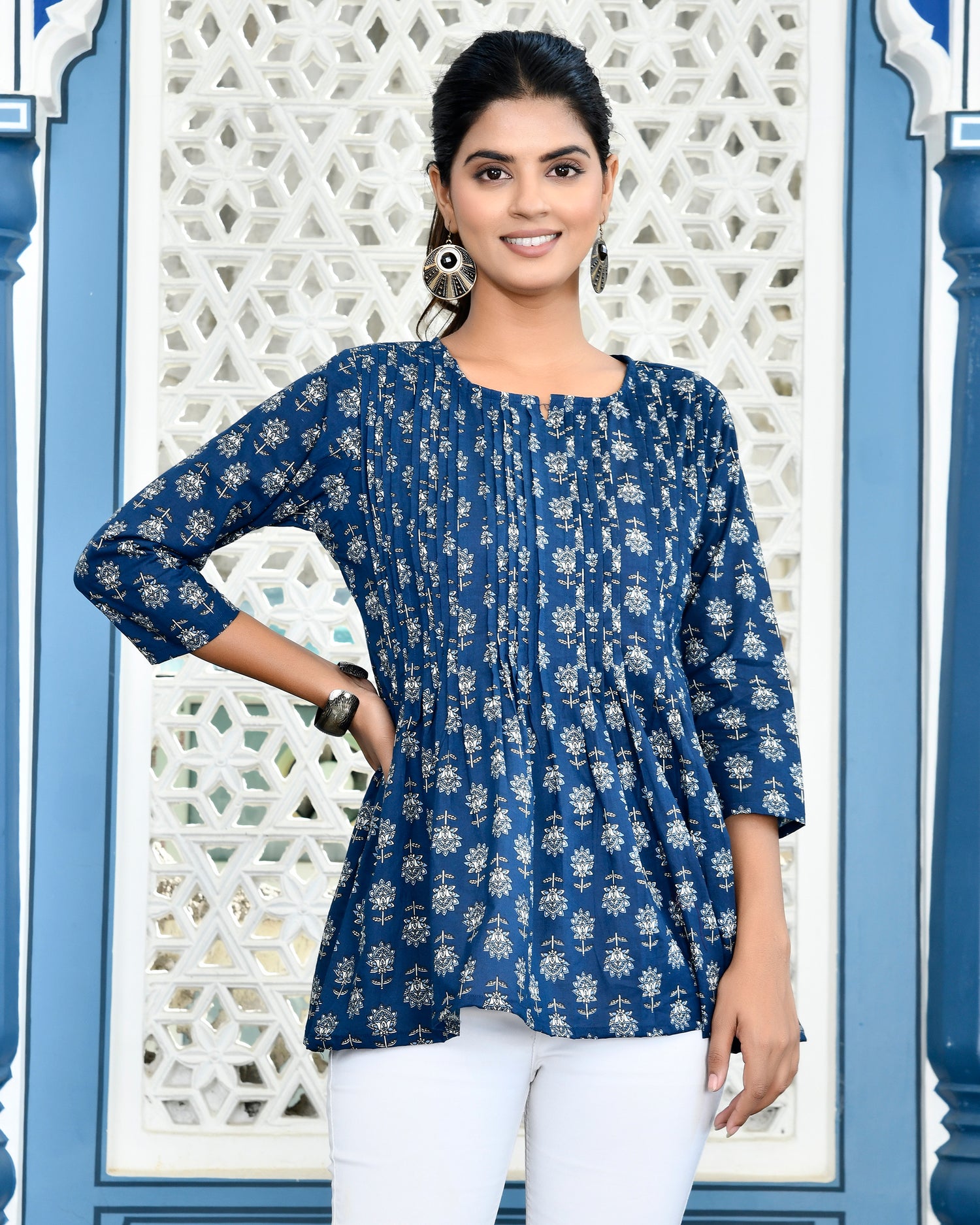 Indigo Pleated Top