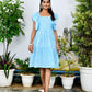 Blue White Square Neckline Ruffled Sleeve Dress