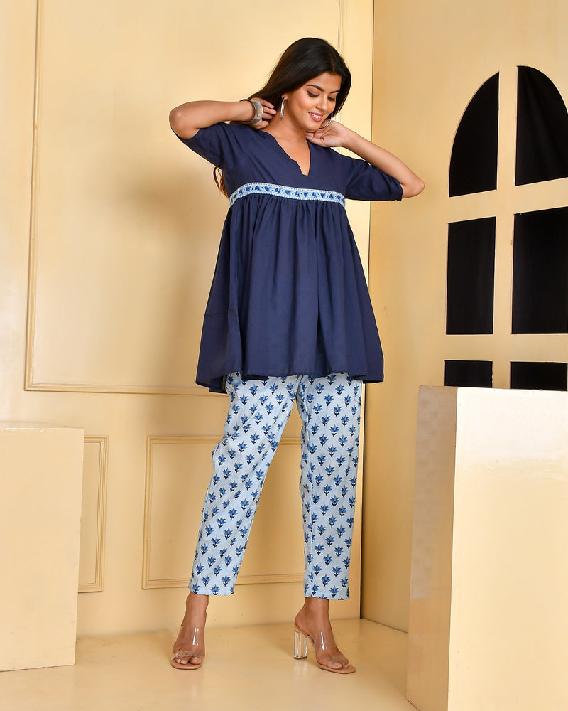 Indigo Blue Cotton Gathered Coord Set