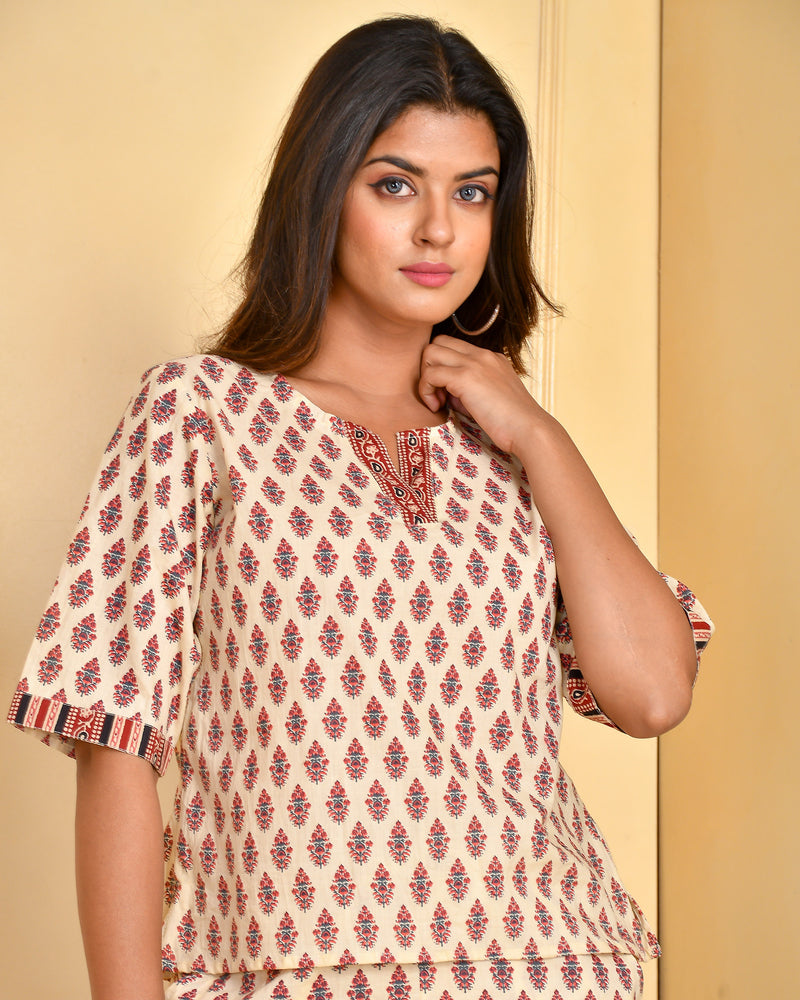 Beige Bagru Style Coord Set