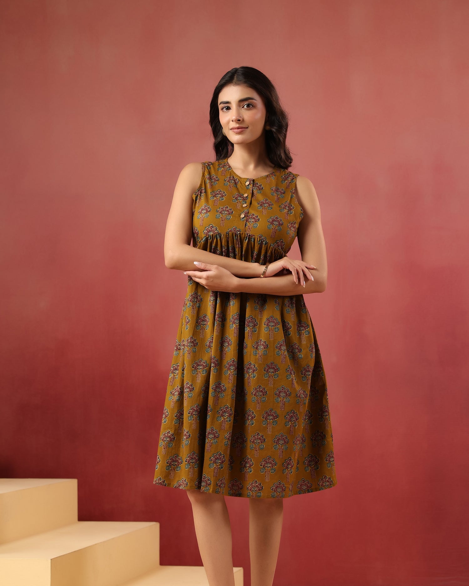Mustard Buta Print Midi Dress