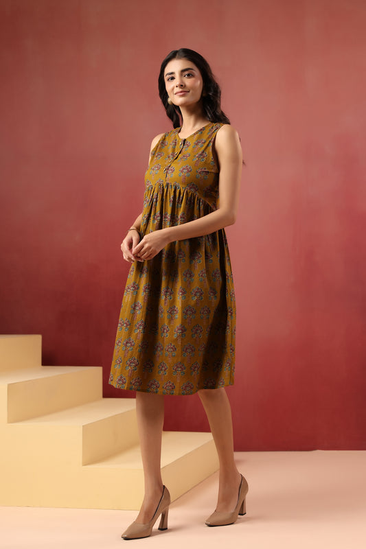 Mustard Buta Print Midi Dress