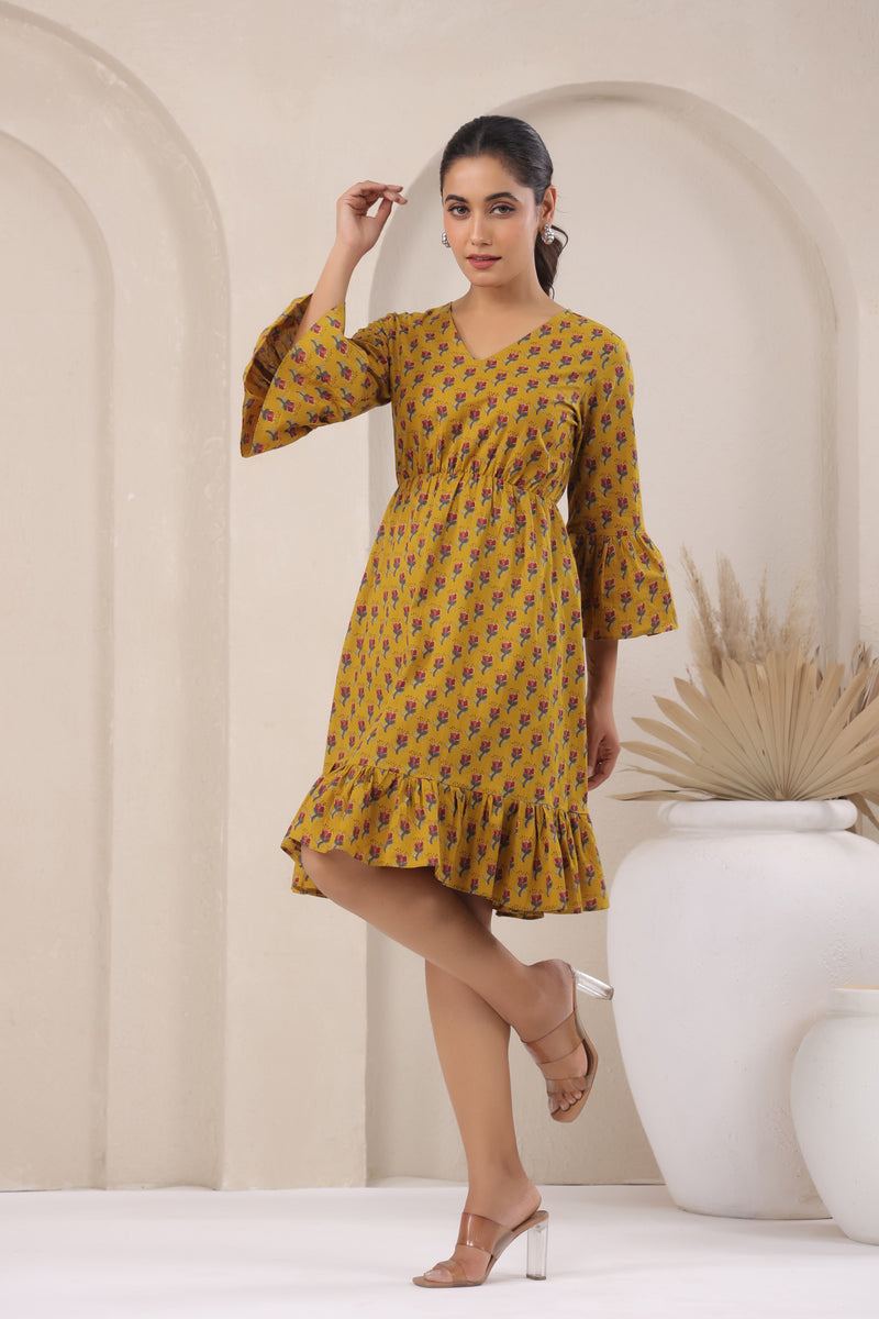 Mustard Flare Sleeve Dress