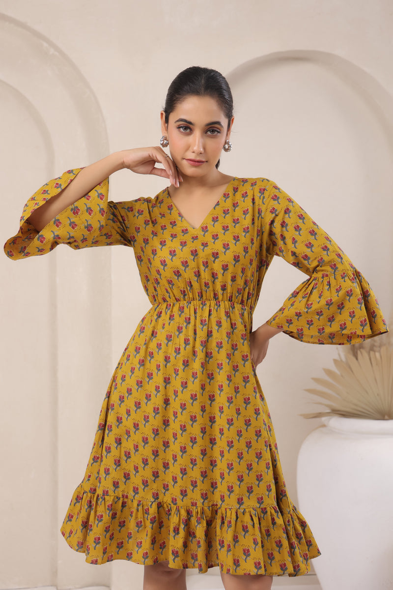 Mustard Flare Sleeve Dress