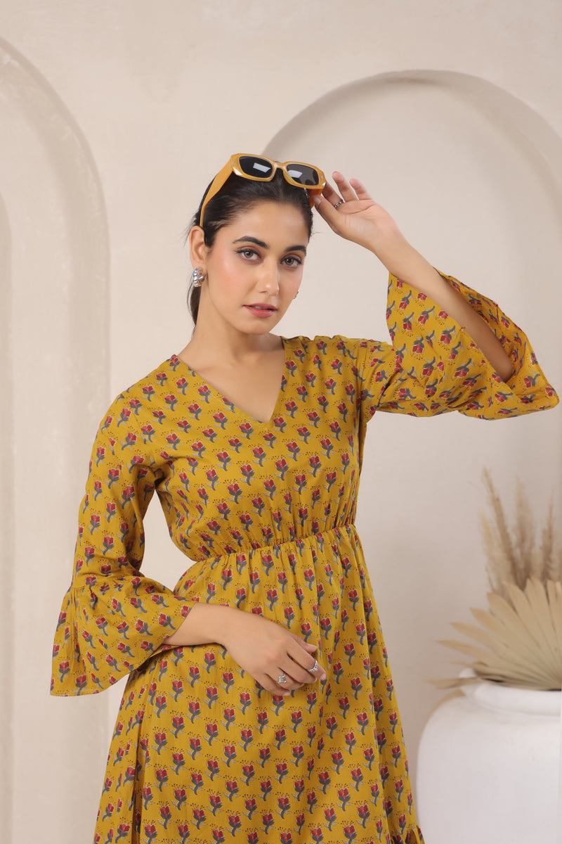 Mustard Flare Sleeve Dress