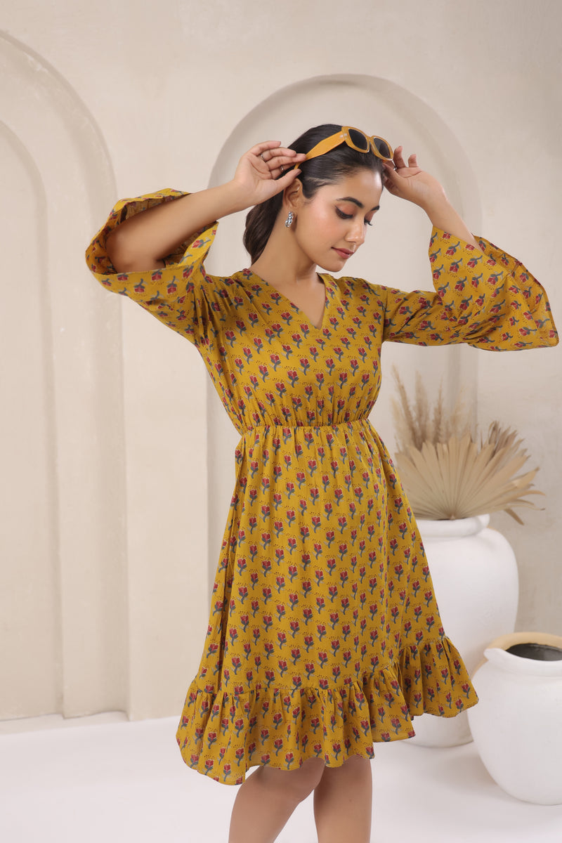 Mustard Flare Sleeve Dress